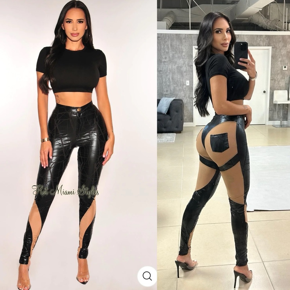 HMS BLACK FAUX LEATHER CRACKLE MESH NUDE ILLUSION CUT OUT PANTS